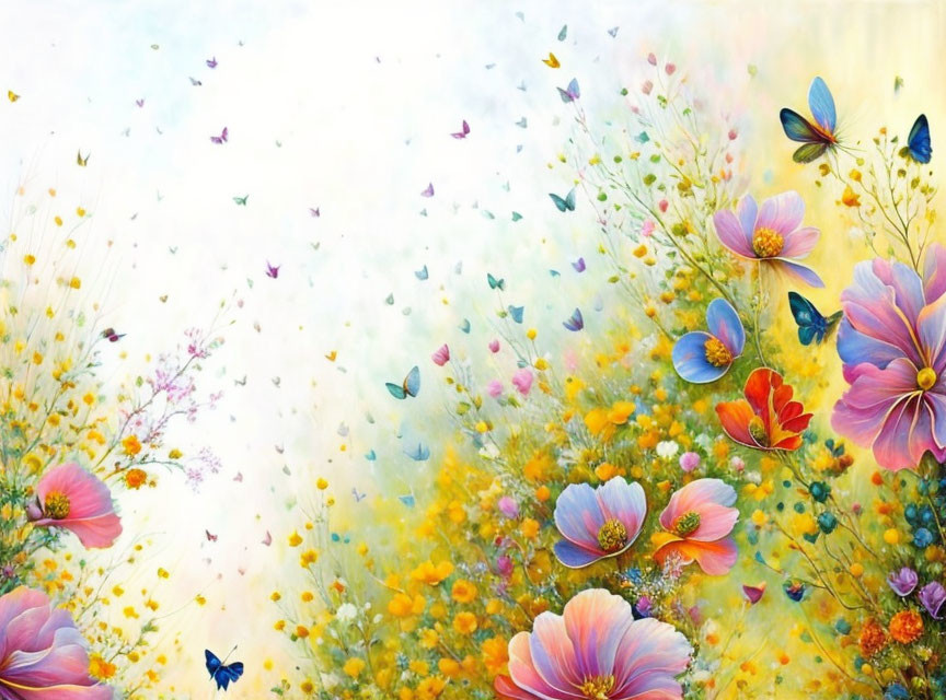 Colorful painting of blooming field with flowers, greenery, butterflies