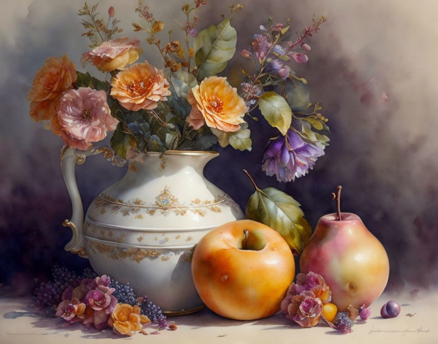 White vase with orange roses, peaches, grapes, and berries on muted background