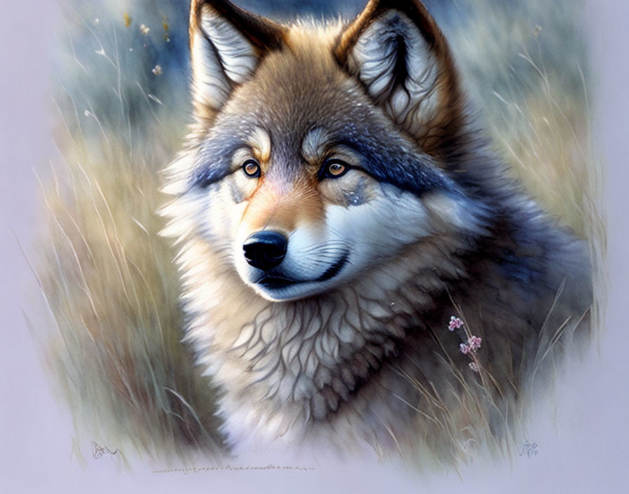 Detailed Wolf Head Painting Among Tall Grass and Butterflies