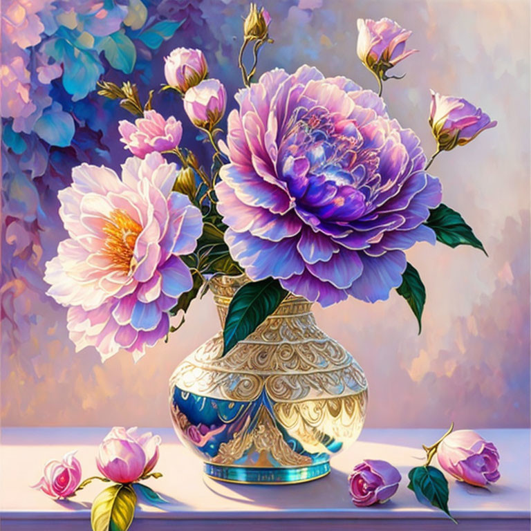 Colorful Peonies Bouquet Painting in Gold Vase on Tabletop