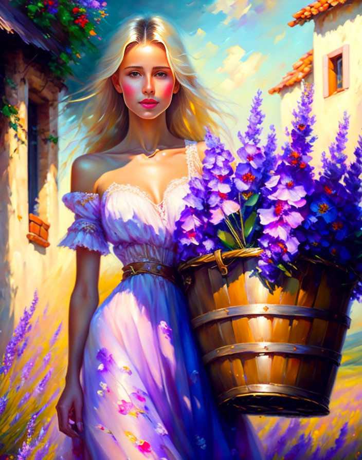 Blonde woman with basket of purple flowers in sunny alleyway