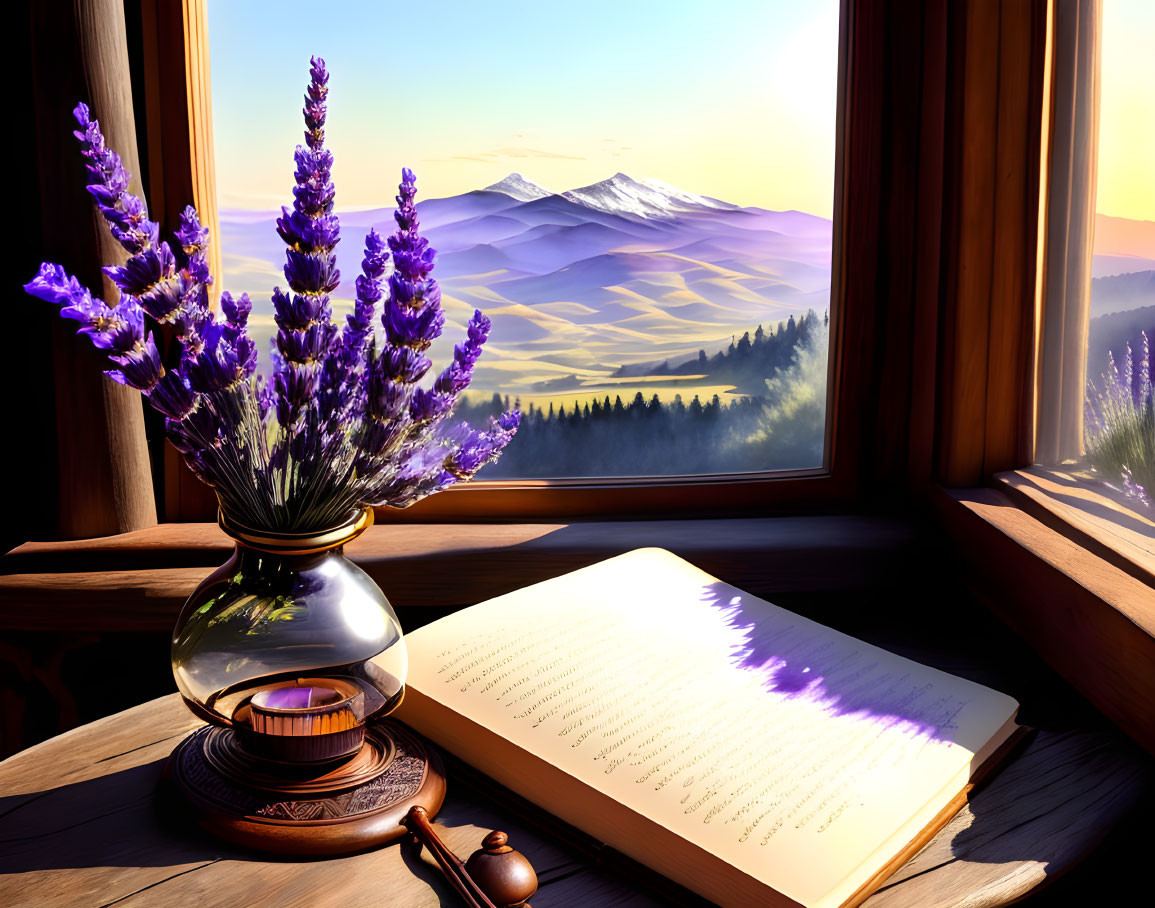 Tranquil lavender bouquet, open book, and mountain sunset view.