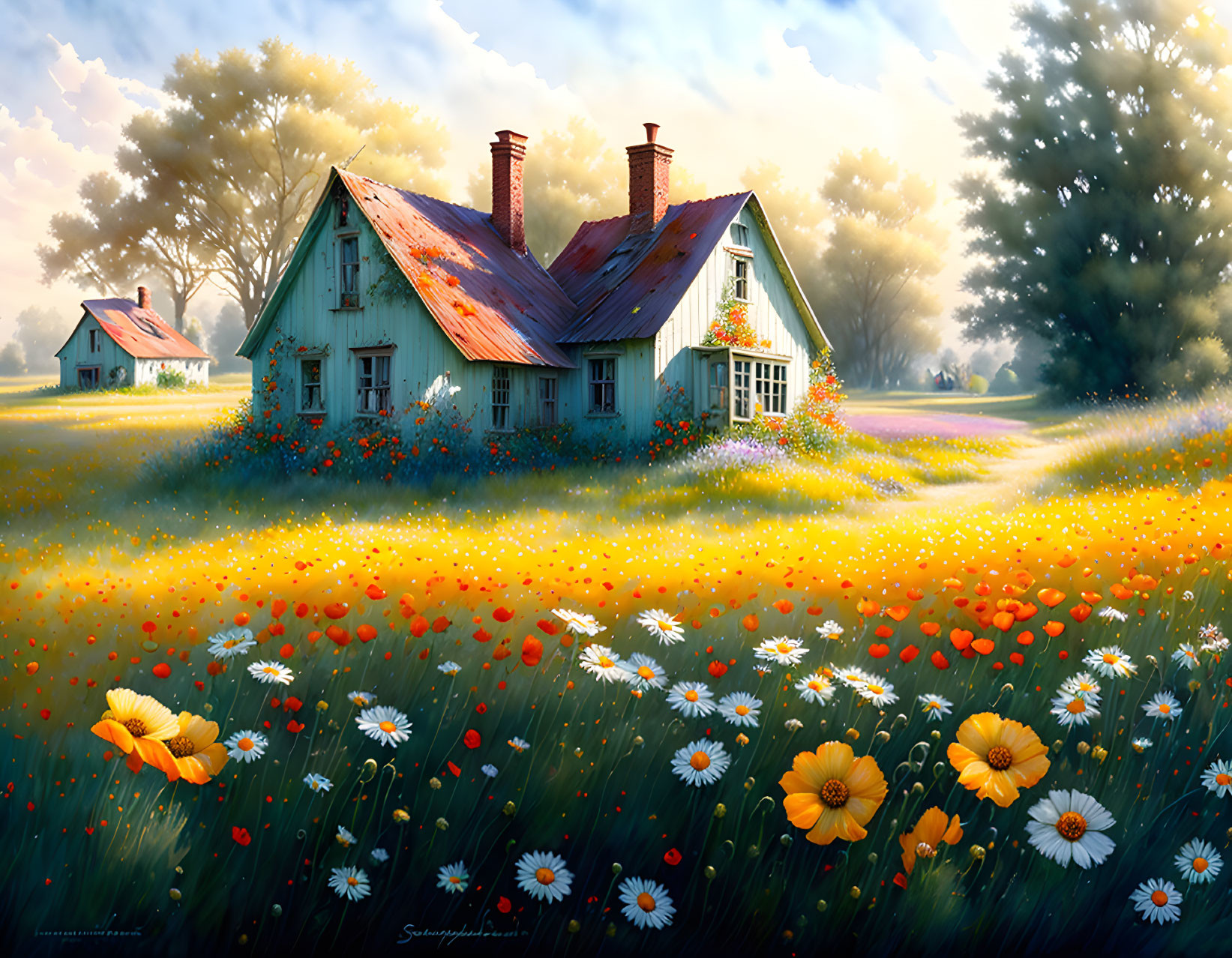 Tranquil rural scene: blue house in vibrant flower field