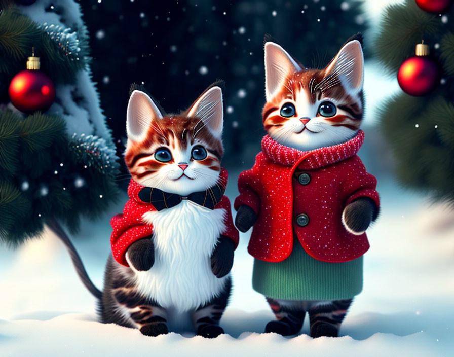 Cartoon kittens in winter attire with Christmas decorations in snowy scene