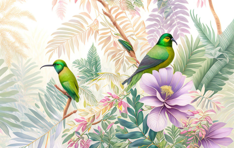 Vibrant green birds in tropical floral setting