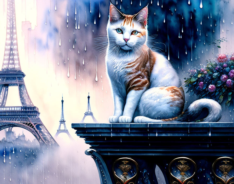 Striking-eyed cat on rain-slicked railing with Eiffel Tower backdrop