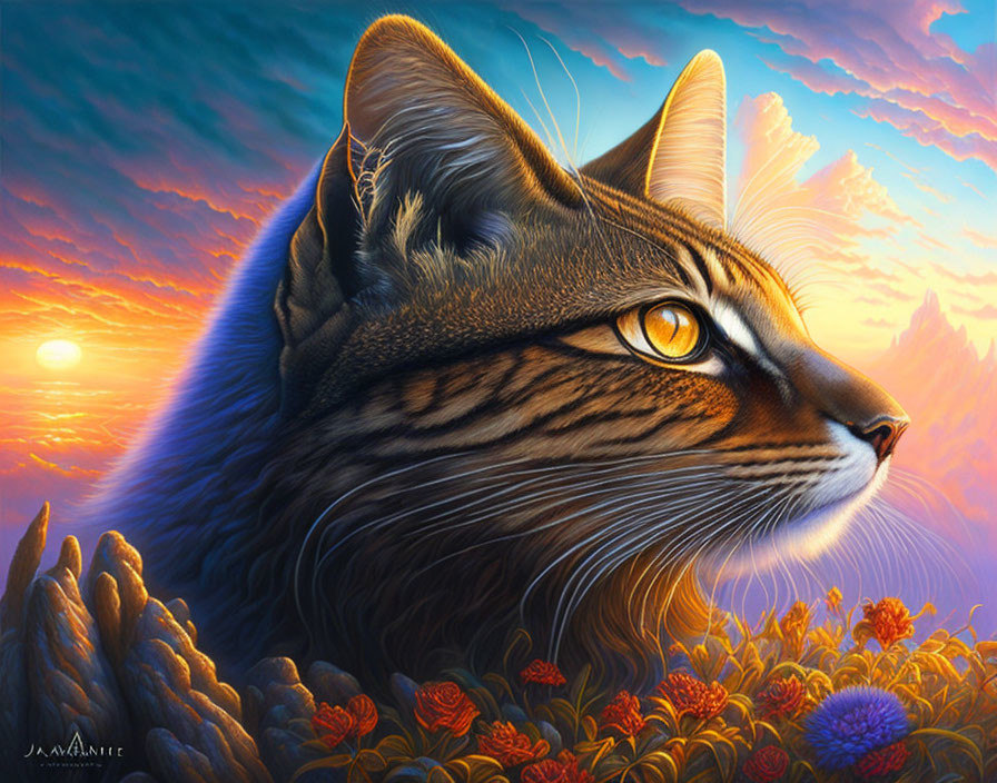 Colorful Cat Illustration with Amber Eyes in Sunset Setting