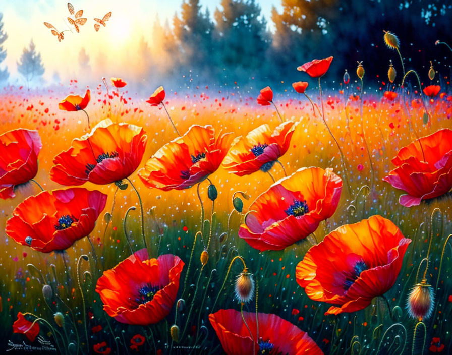 Scenic red poppy field at dawn or dusk with dewdrops, trees, and dragonflies