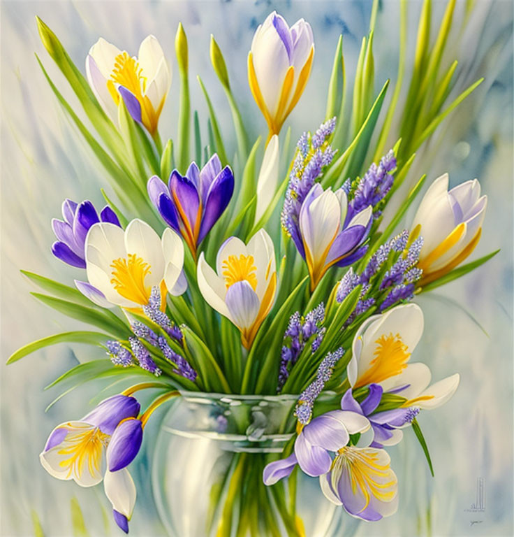 Colorful Yellow and Purple Crocus Bouquet in Glass Vase