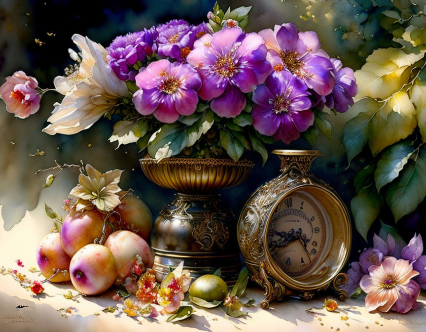 Colorful still life painting with purple flowers, fruit, and pocket watch