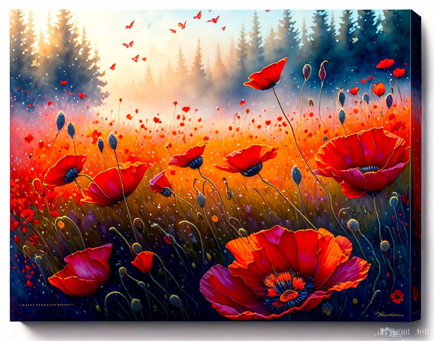 Red Poppy Field Painting with Trees, Butterflies, and Hazy Sky