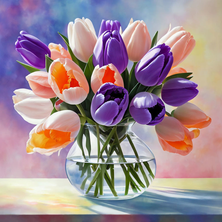 Colorful Tulip Bouquet in Clear Glass Vase on Soft Background