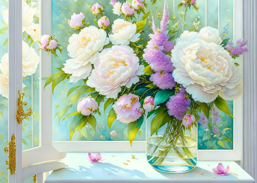 Colorful Peonies Painting with Glass Vase and Sunny Floral Background