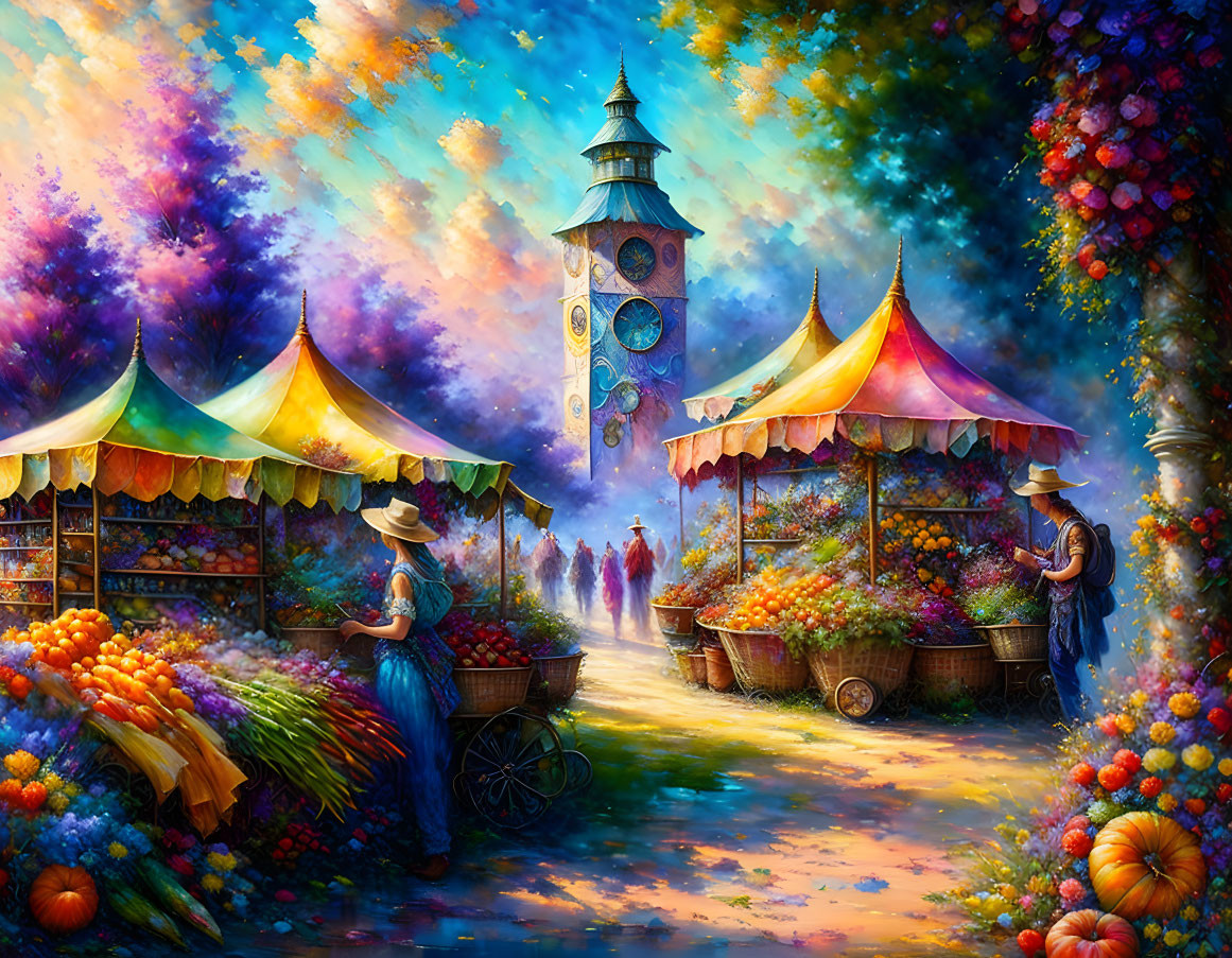 Colorful Market Scene with Fruits, Flowers, Clock Tower, and Autumn Trees