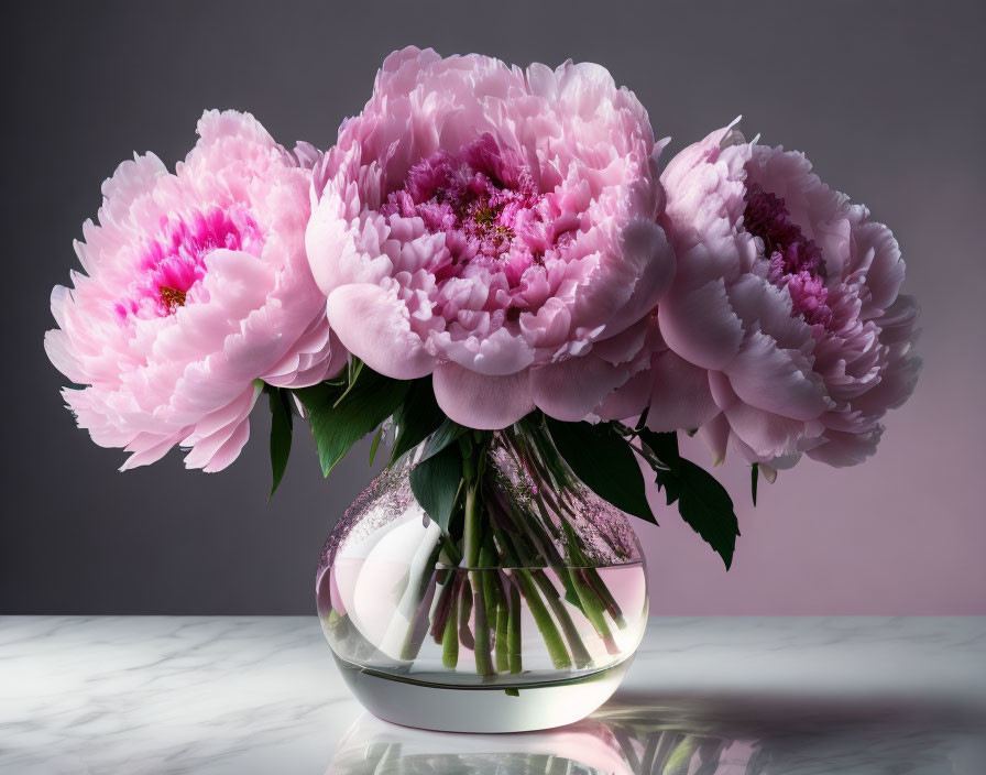 Vibrant pink peonies in round glass vase on marble surface