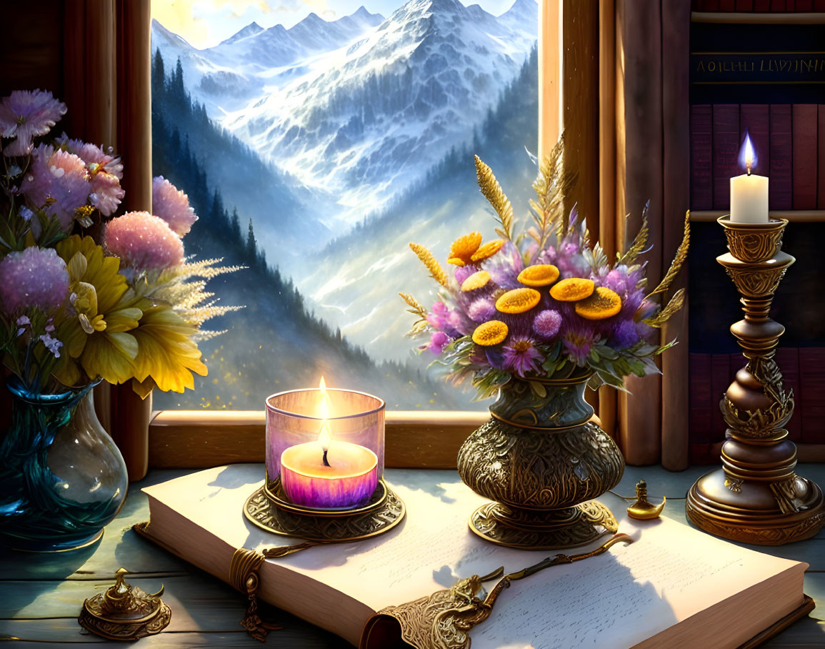 Cozy reading nook with open book, candles, bouquet, mountain view