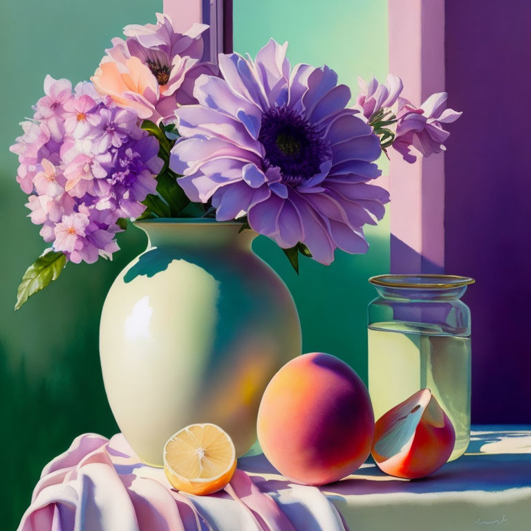 Vibrant purple flowers, fruit, and vase on table by window