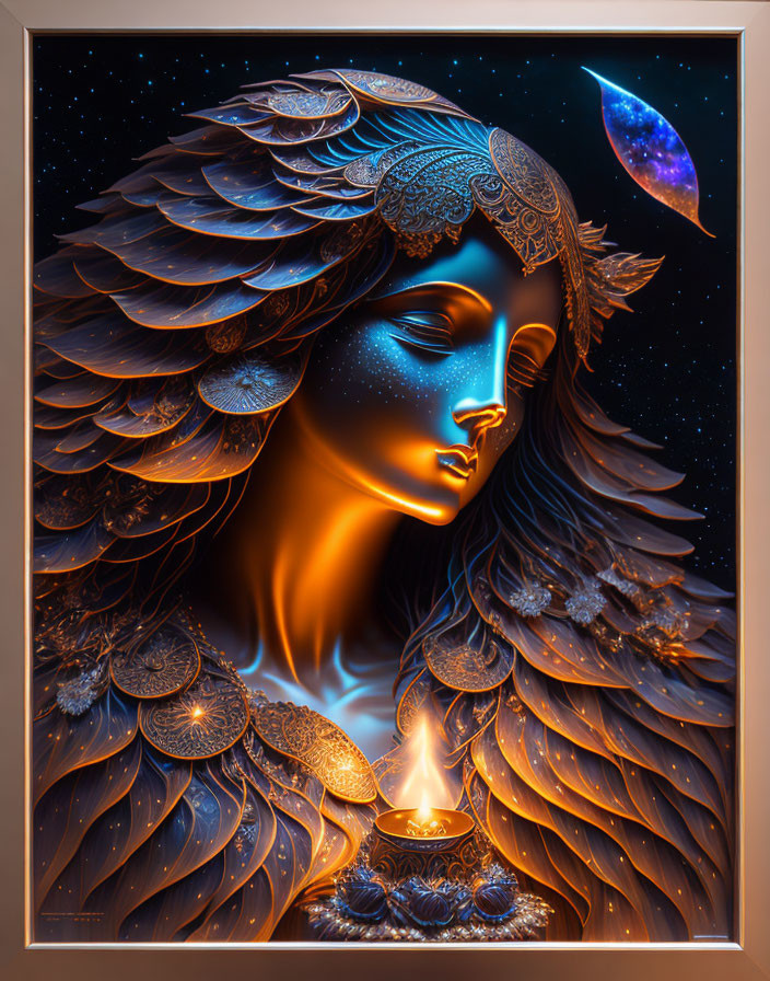 Celestial woman with ornate wings and star-speckled face in digital artwork