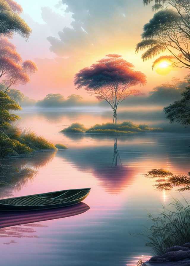 Tranquil sunset river scene with lone canoe, vibrant water reflections, misty ambiance, solitary tree