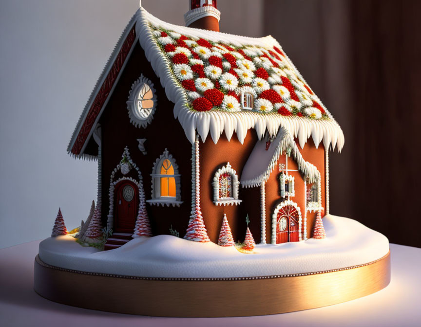 Detailed Gingerbread House with Icing Decorations on Round Base