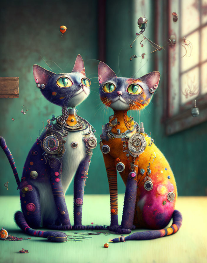 Colorful Textured Robotic Cats Surrounded by Gears and Hot Air Balloons