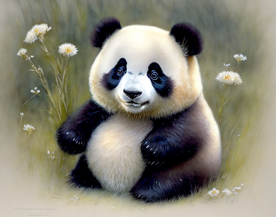 Illustrated panda surrounded by white flowers and soft background.