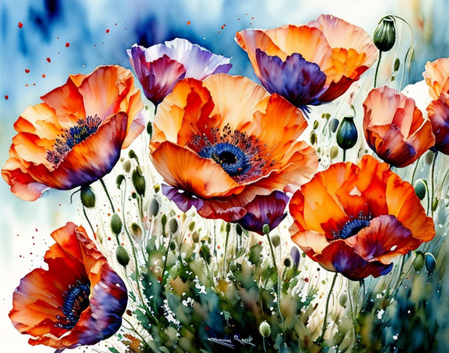 Colorful Watercolor Painting of Red and Purple Poppies with Brush Strokes