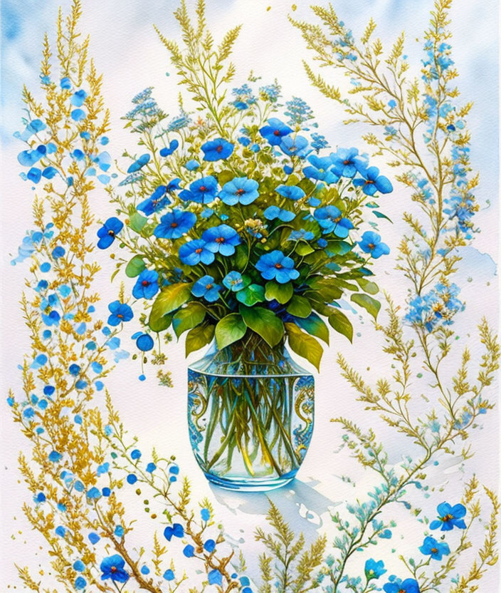 Vibrant painting of blue flowers in translucent vase on textured blue background