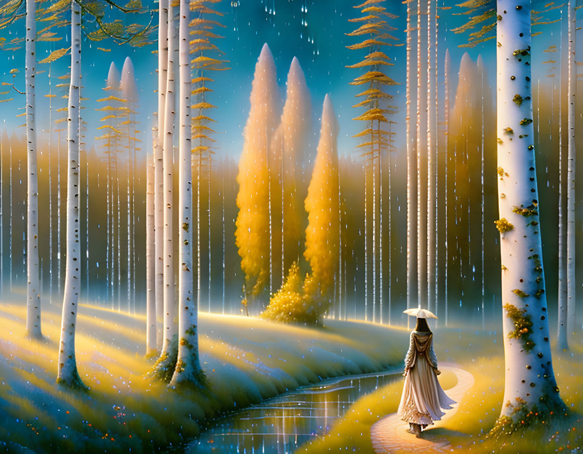 Cloaked Figure Walking in Mystical Forest with Sunbeams and Golden Leaves