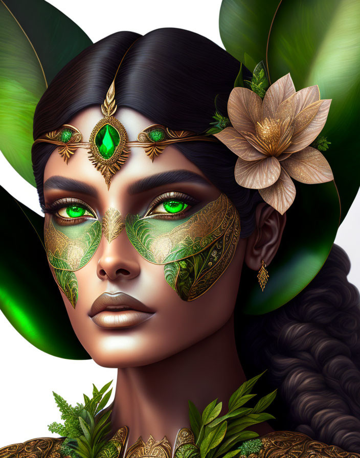 Woman's digital portrait: vibrant green eyes, golden jewelry, leaf patterns, braided hairstyle with flowers