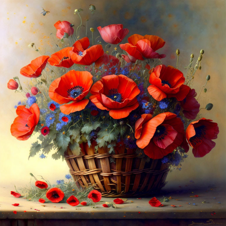 Colorful painting of red poppies in a basket on textured backdrop