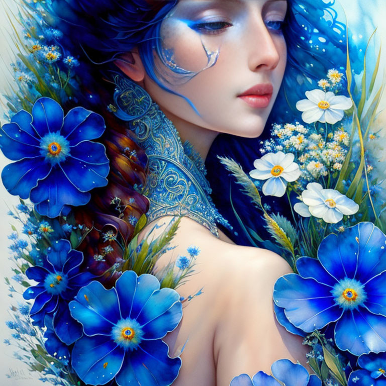 Fantasy illustration of woman adorned with blue flowers and makeup