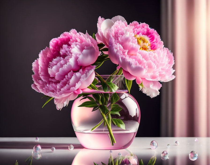 Pink peonies bouquet in round glass vase with water droplets on reflective surface