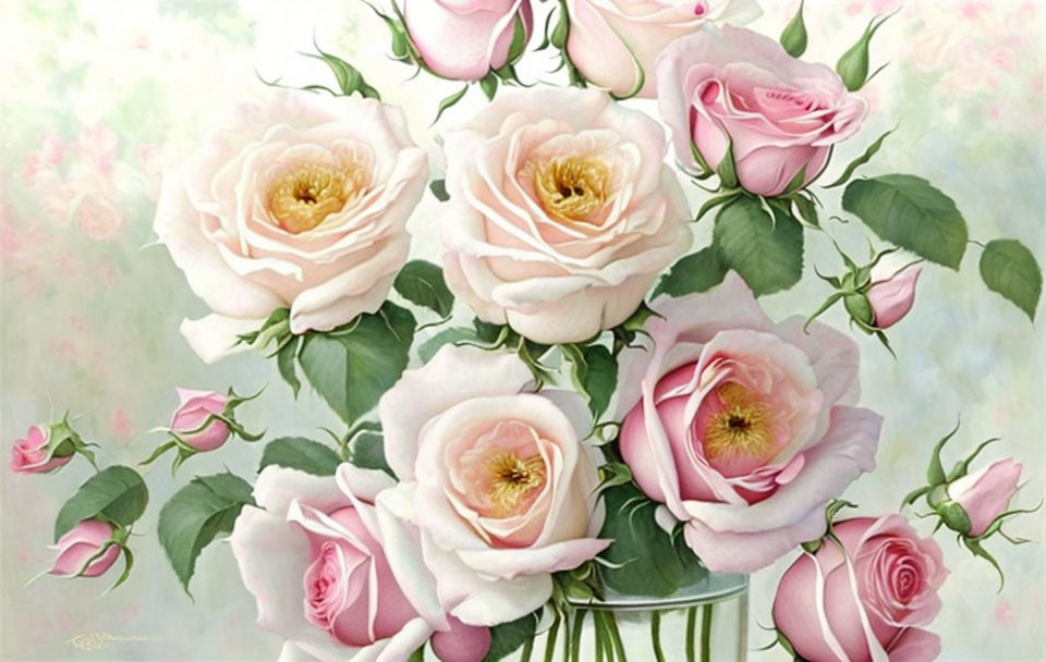 Delicate Pink Roses Painting with Yellow Centers and Green Leaves