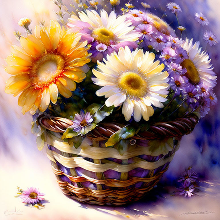 Colorful Flower-filled Wicker Basket Painting