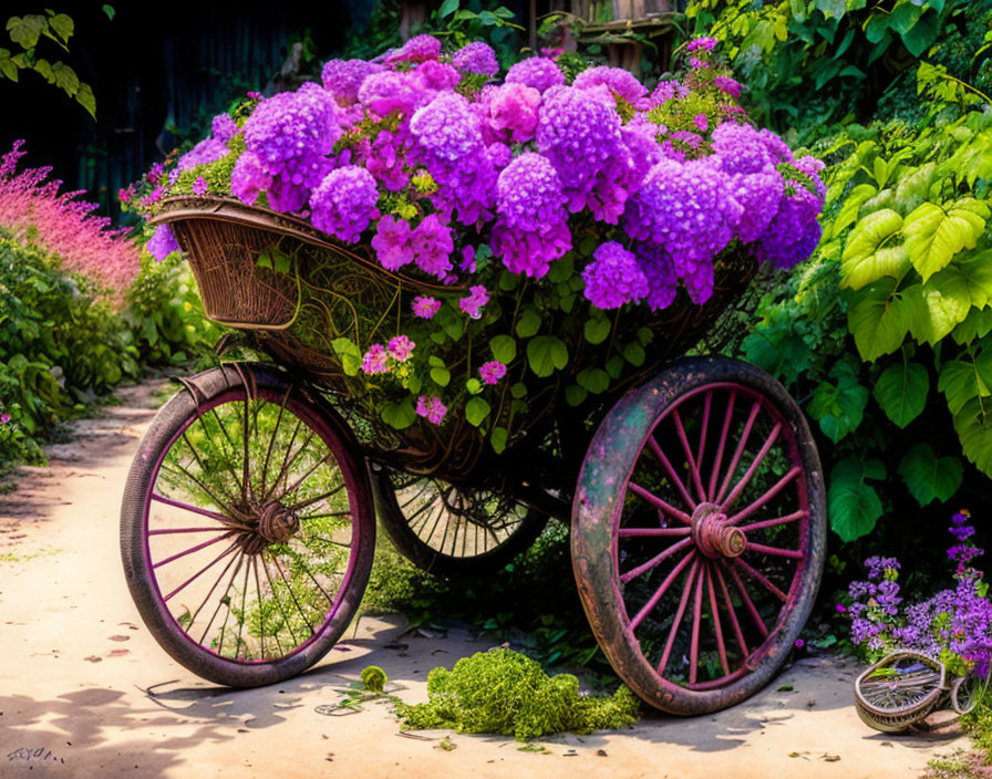 Wheelbarrow filled with purple flowers in garden setting