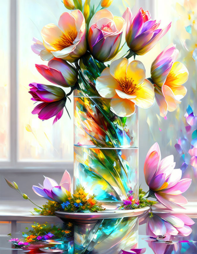 Colorful Flower Bouquet in Reflective Glass Vase on Sunlit Table