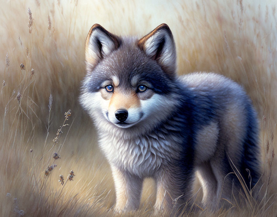 Realistic painting of a fluffy blue-eyed fox in a grassy field