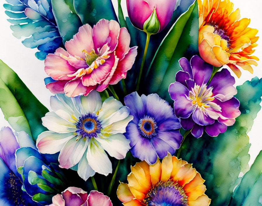 Colorful Watercolor Painting of Bouquet with Purple, Pink, Orange, and Blue Flowers