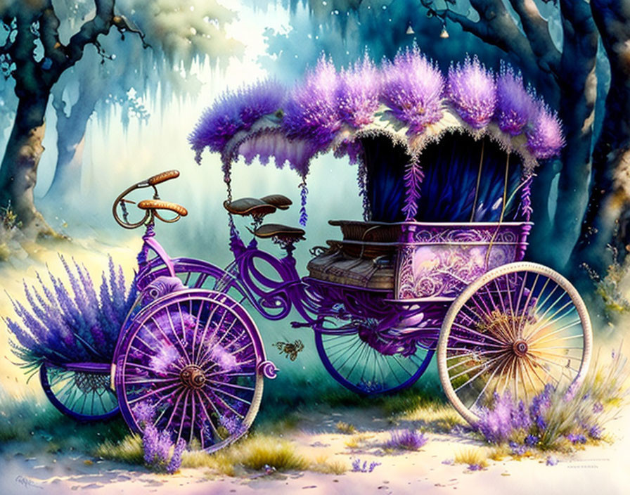 Purple ornate three-wheeled bicycle with carriage, adorned with lavender flowers in an enchanting forest