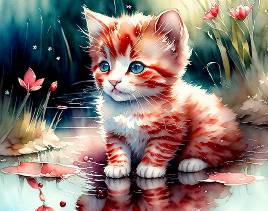 Detailed Watercolor Illustration of Orange and White Kitten with Tulips