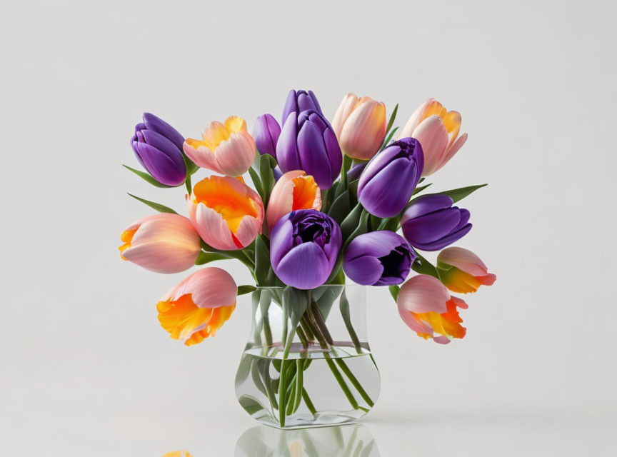 Colorful Purple and Orange Tulip Bouquet in Clear Glass Vase