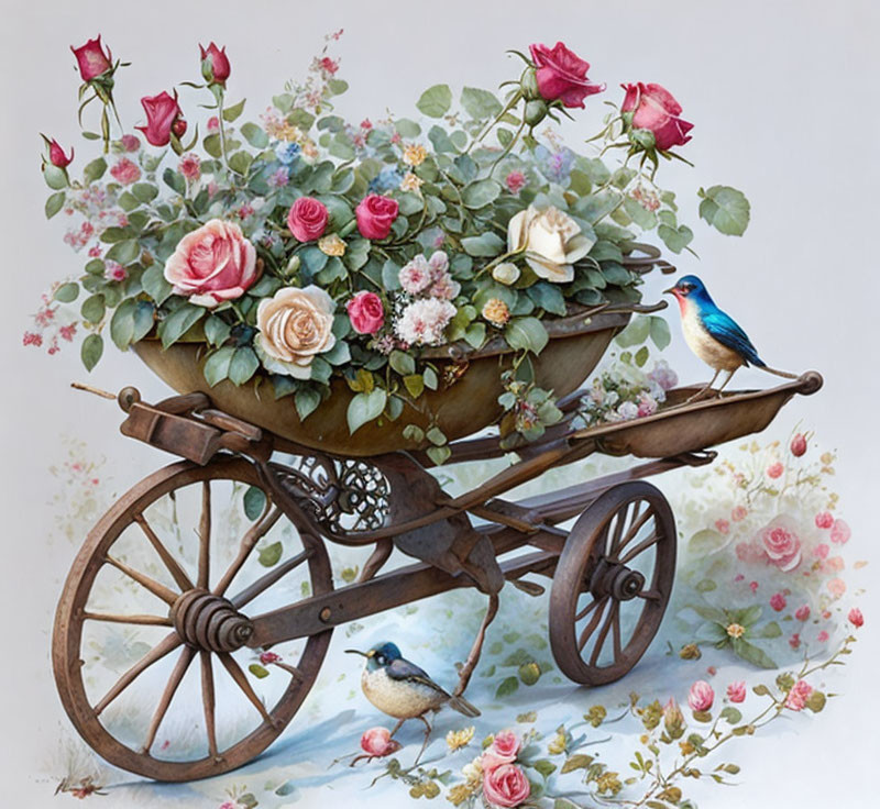 Vintage Wooden Wheelbarrow with Pink and Cream Roses and Colorful Birds