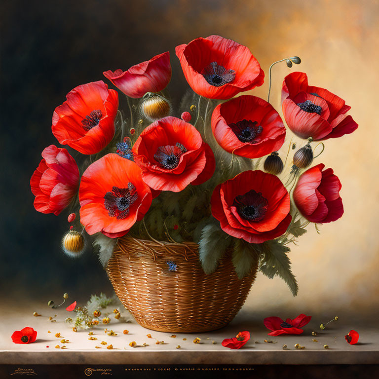 Red poppies bouquet in wicker basket on dark gradient background