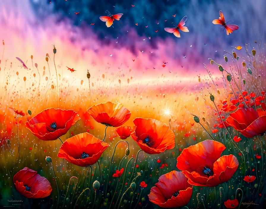 Red poppies and butterflies in sunset field with purple sky.