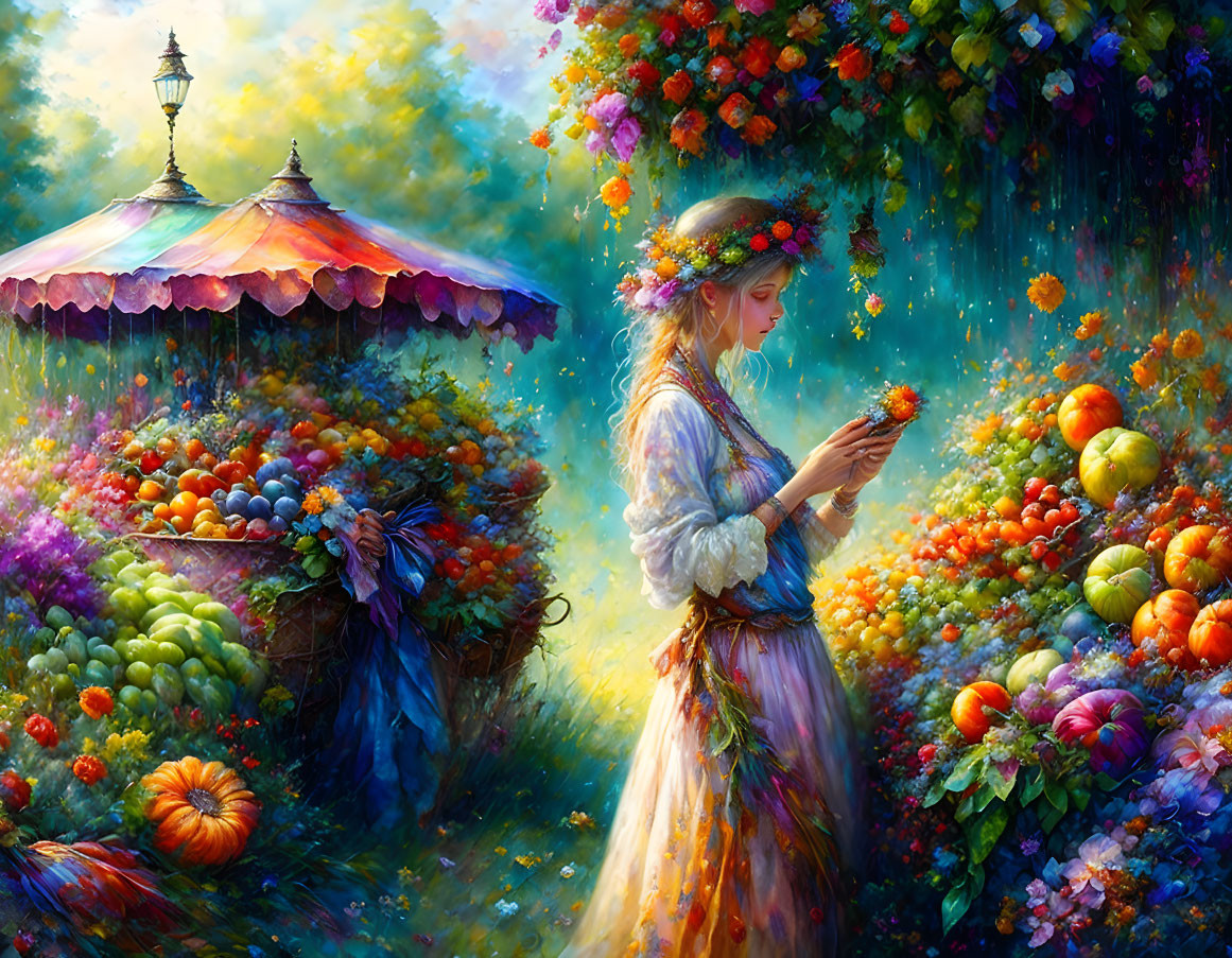 Woman in pastel dress and floral crown in vibrant garden with flowers and fruits.