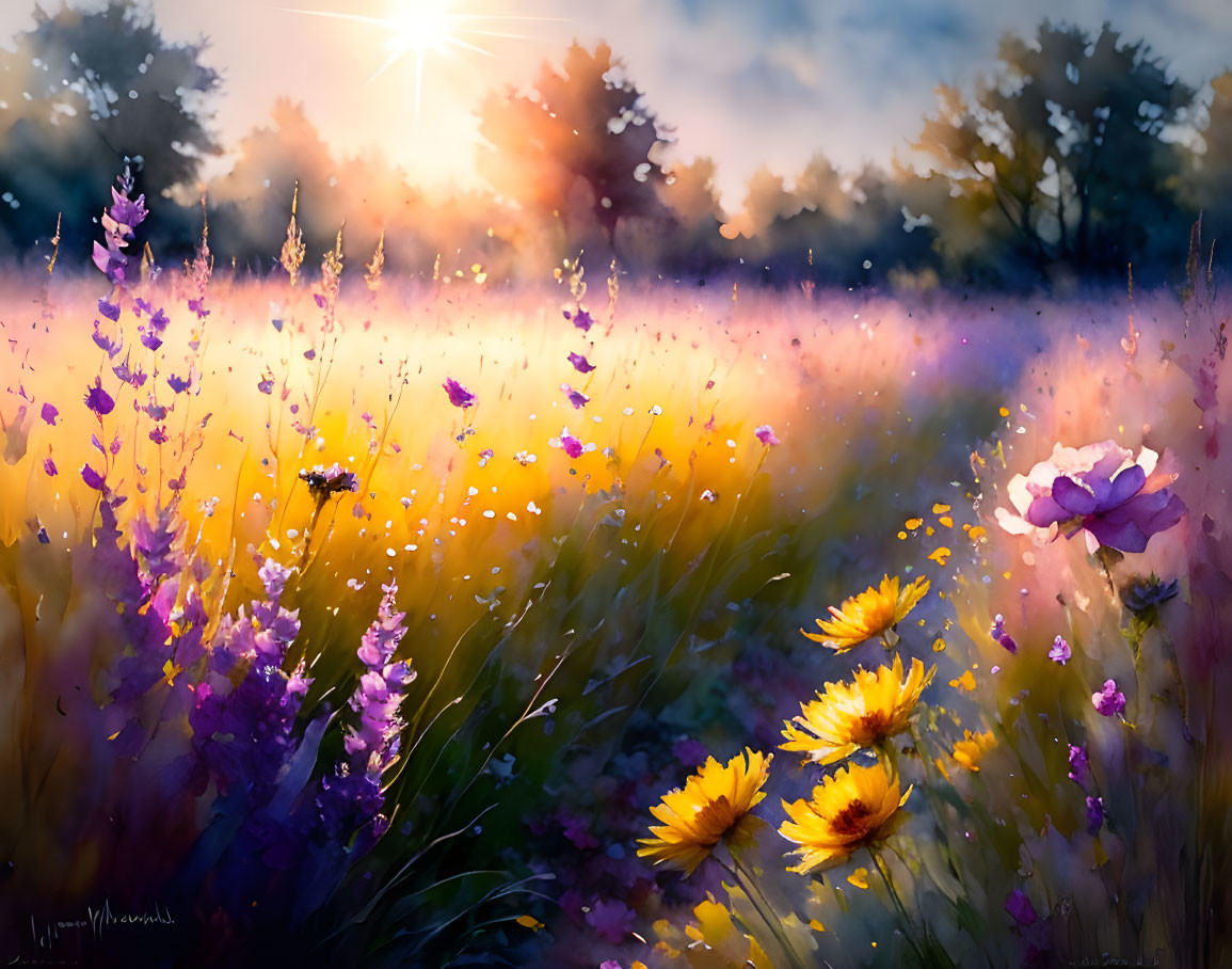 Impressionistic painting: Sunlit meadow with purple and yellow flowers