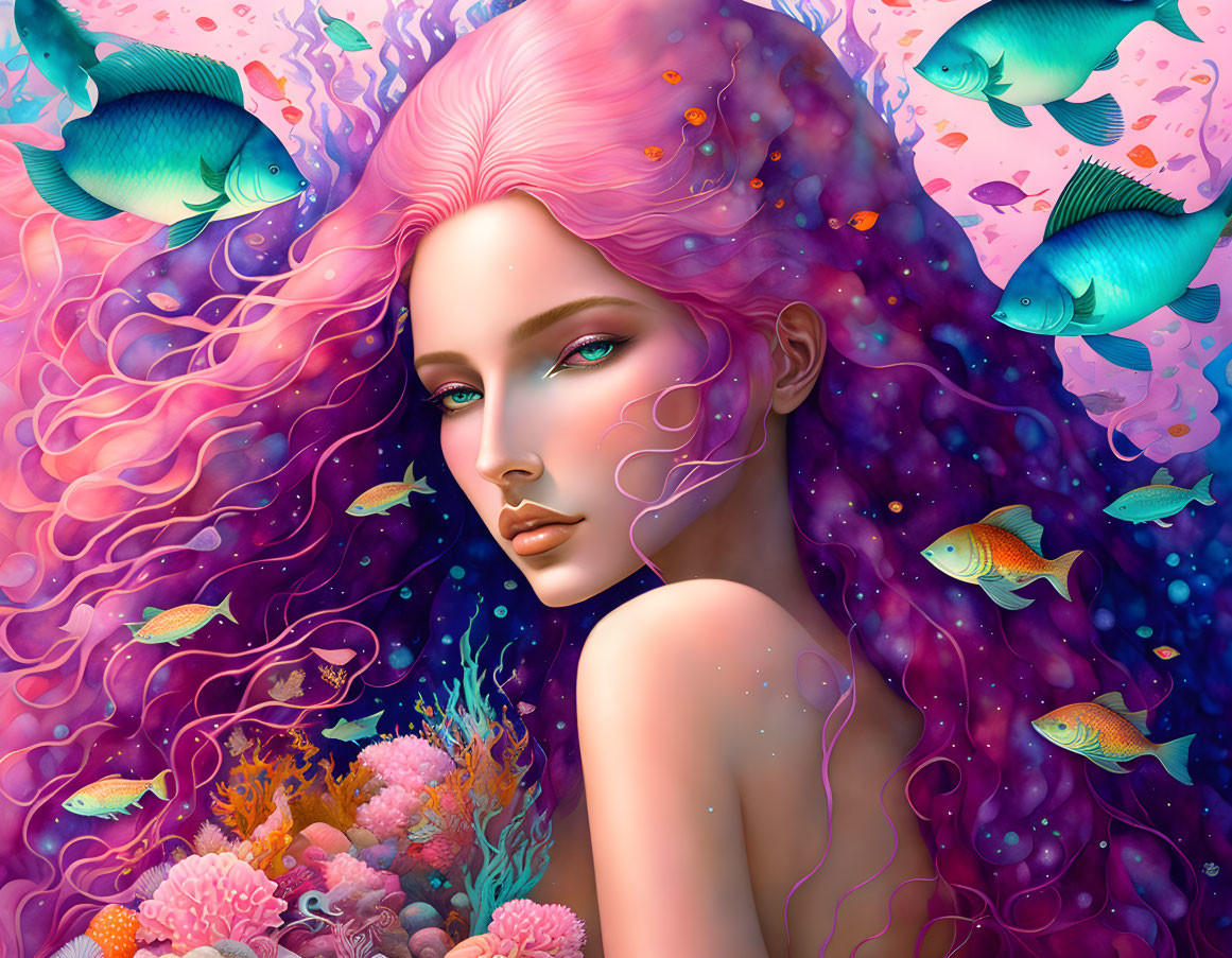 Vibrant pink hair woman surrounded by colorful fish and coral