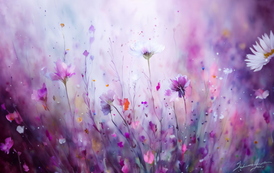 Colorful Field of Flowers in Soft-focus with Purple, Pink, and White Hues