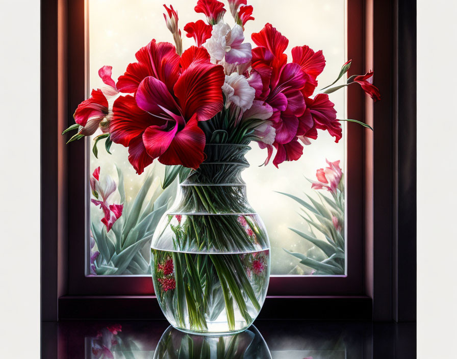 Colorful red and white flowers in a vase on a windowsill with blooming plants view